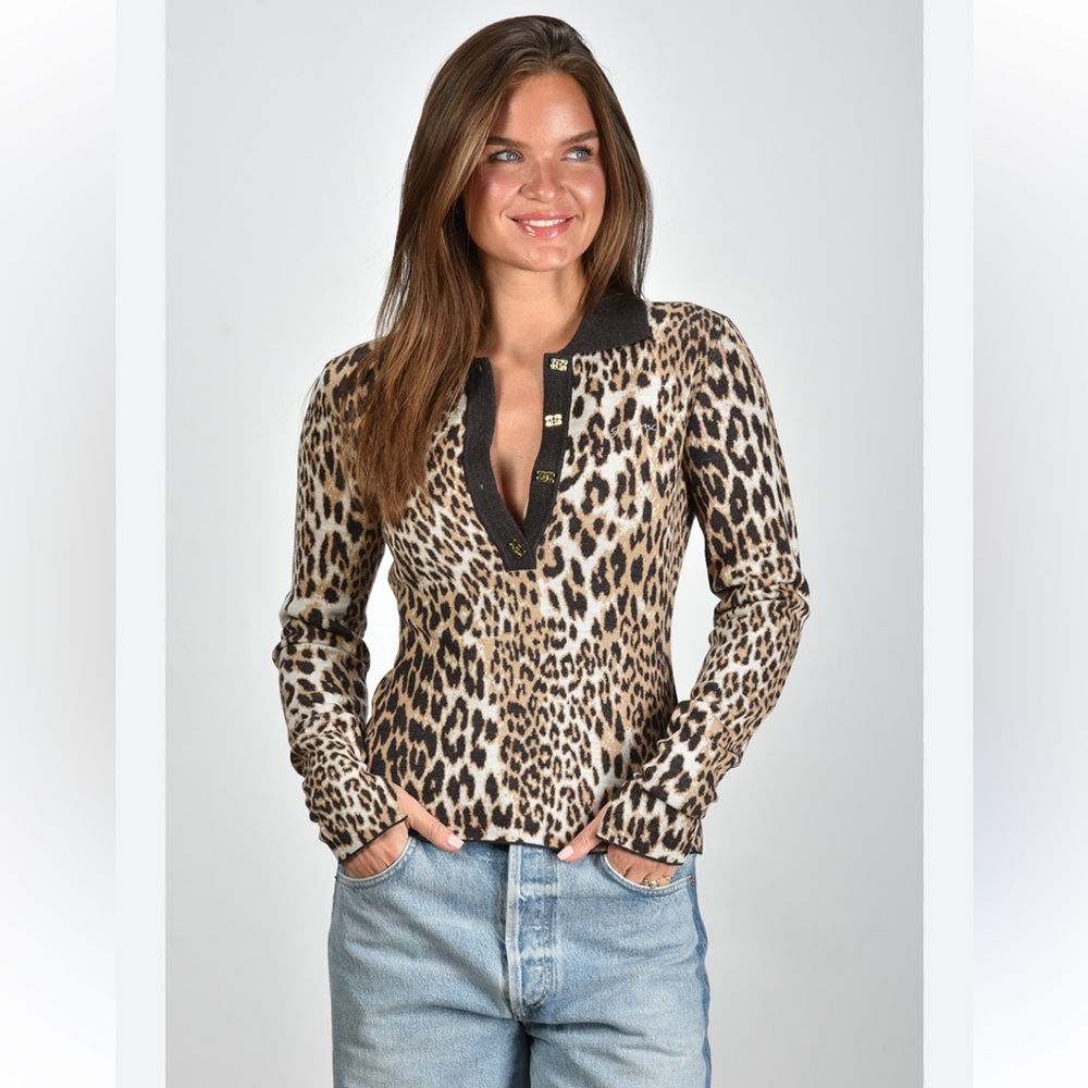 Ganni Leopard Print Button Down Shirt with Black Collar